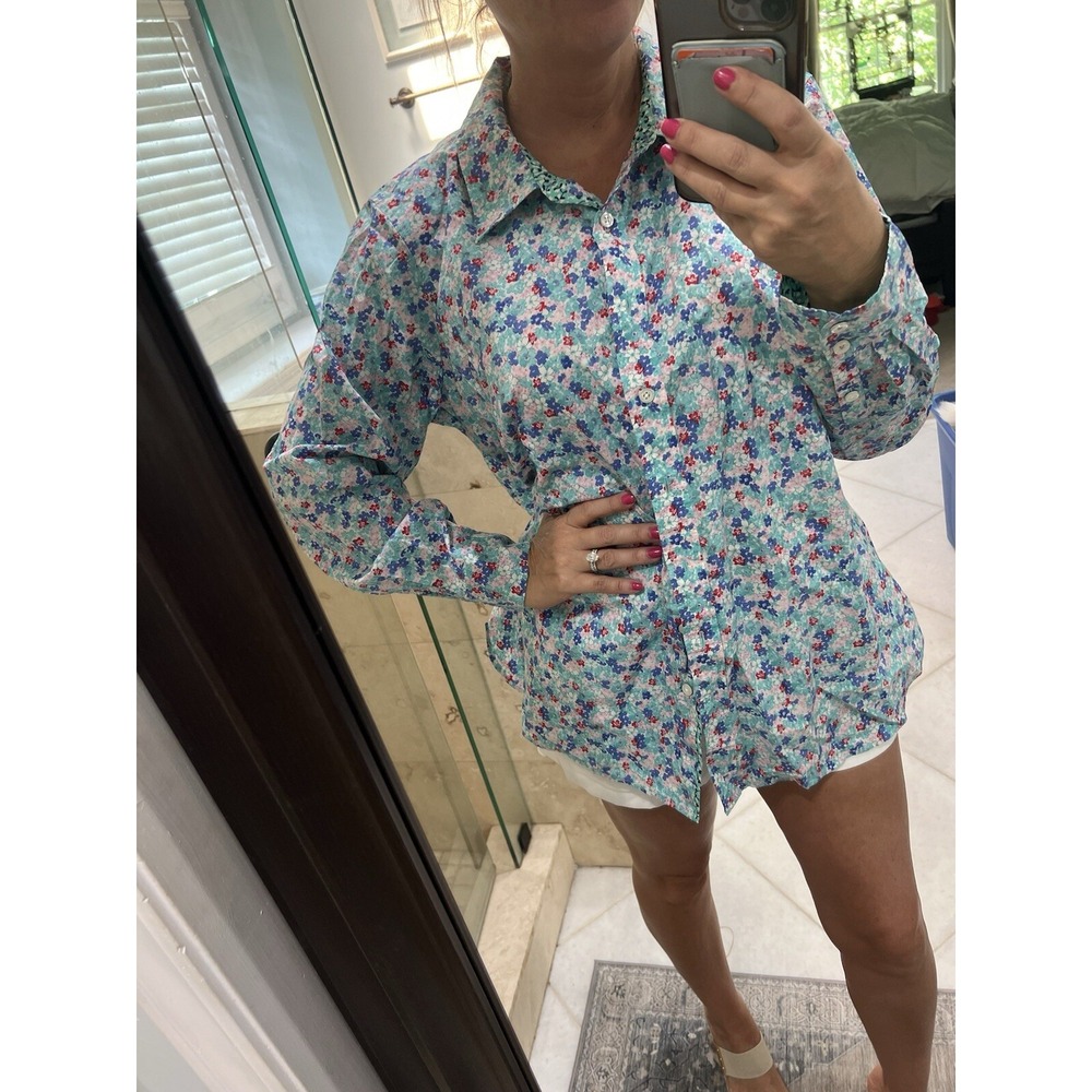 Talbots Plus Women Ditsy Floral Button Up Shirt Contrast Cuffs Cotton 1X Green
